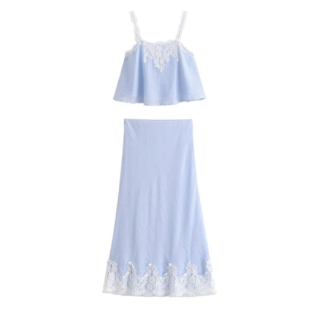 Lace lingerie style top+lace skirt set