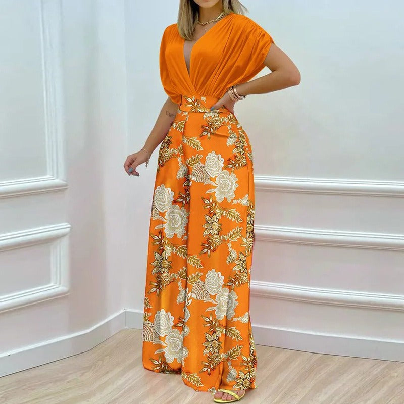 European and American Womens Clothing Ins Summer New Style Temperament V Neck Printed Wide Leg Pants Fashion Casual Set
