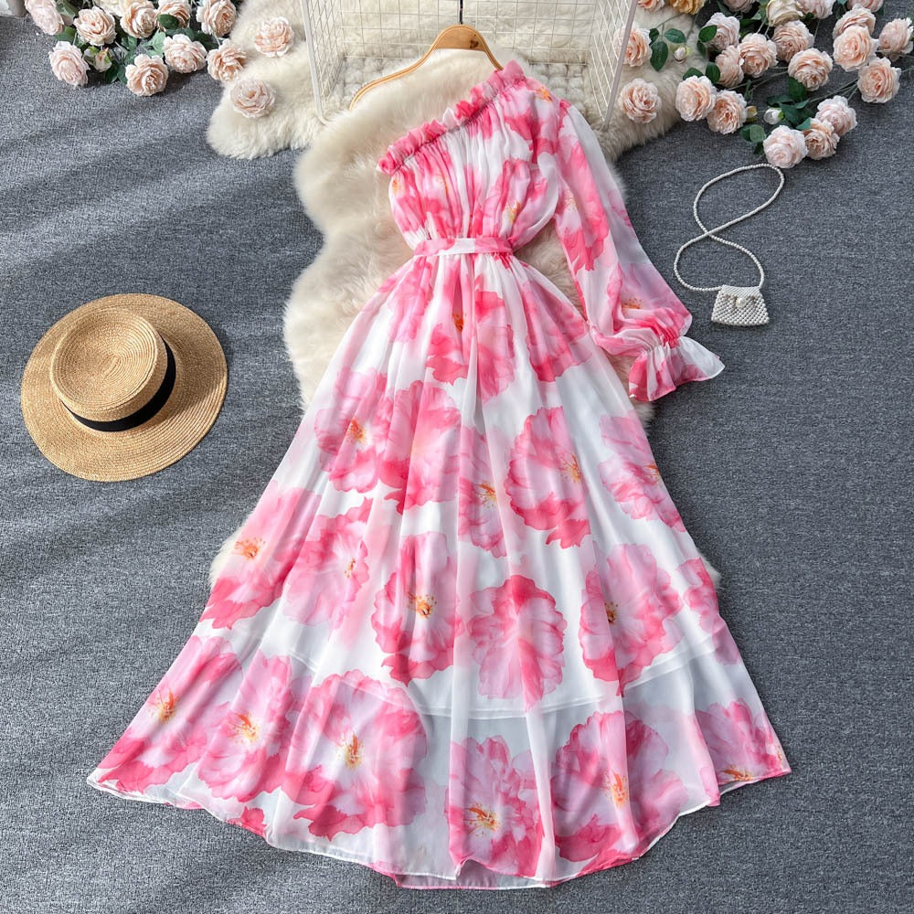 Oblique Shoulder Bubble Sleeves Chiffon Dress Womens Bubble Sleeves Wrapped Waist Large Swing Flower Fairy Long Dress