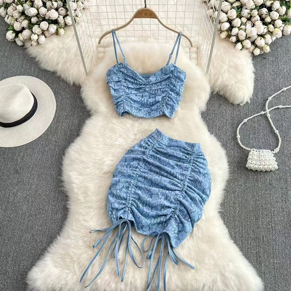 European and American Style Sexy Womens Lace Two Piece Hooked Flower Strap Top High Waist Drawstring Wrapped Hip Half Skirt Set