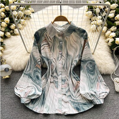 Spring Office Lady Chic Vintage Print Tie-Dye Shirts Womens Single-Breasted Pleated Chiffon Blouses Tops 10 Colors Clothing