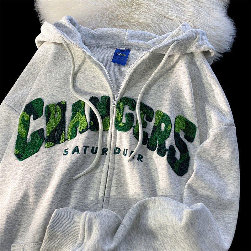 American Vintage Green Flock Embroidery Hoodie Sweater Womens Spring And Autumn New Small High Quality Coat Ins