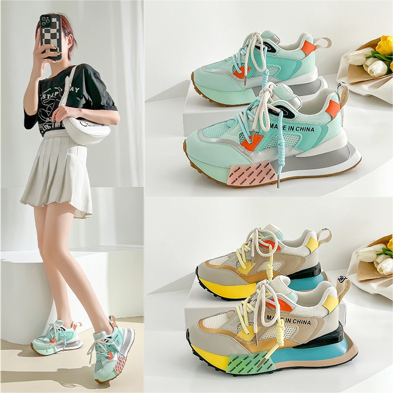 Womens Genuine Leather Sneakers Lace Up Rainbow Colors Platform Pearls Chain Decor Girls Shoes