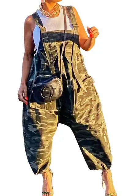 Women Loose Long Rompers Womens Jumpsuit Spring Summer New Sleeveless Backless Camouflage Printed