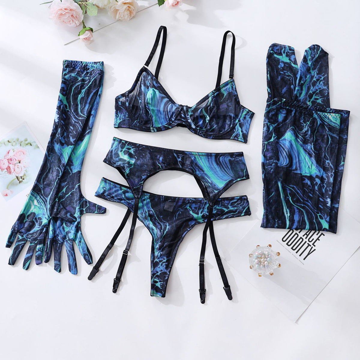Lingerie Set with Gloves and Stockings - Mesh Printed Design