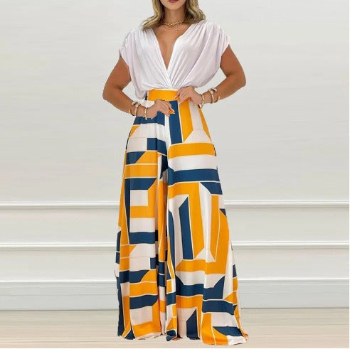 European and American Womens Clothing Ins Summer New Style Temperament V Neck Printed Wide Leg Pants Fashion Casual Set