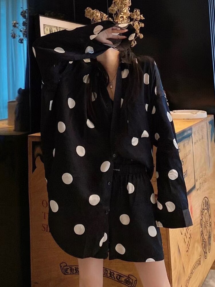 Print Dot Two Piece Set Womens Lapel Long Sleeve Shirt High Waist Loose Shorts Colorblock Sets Female Clothing