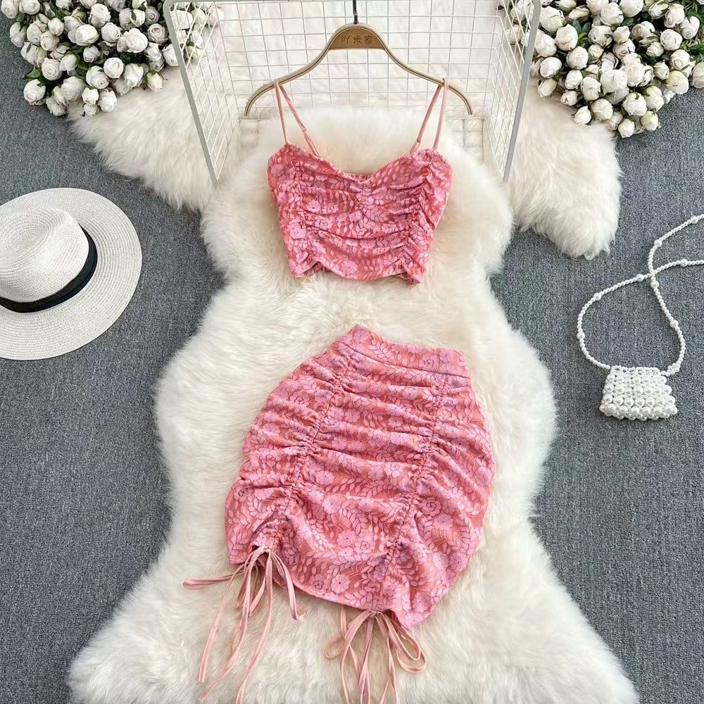 European and American Style Sexy Womens Lace Two Piece Hooked Flower Strap Top High Waist Drawstring Wrapped Hip Half Skirt Set