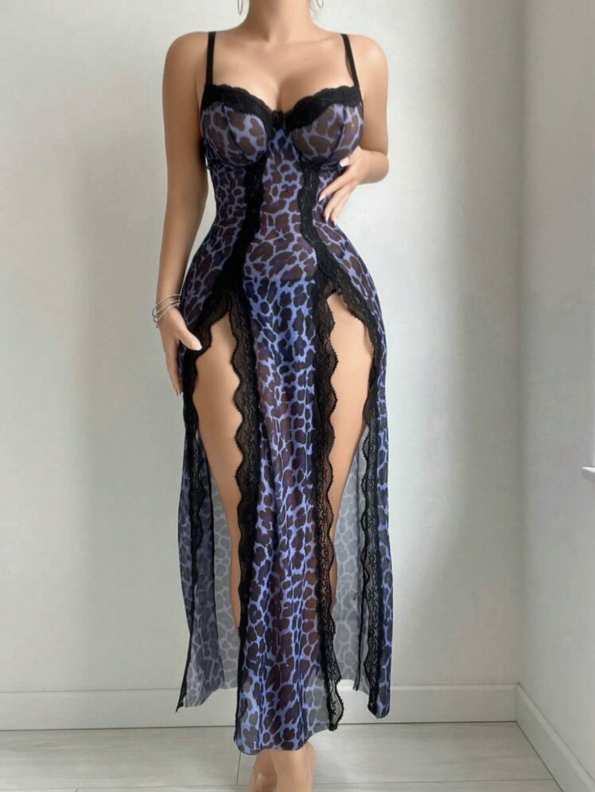 Sexy Transparent Leopard Print Nightgown and Lingerie Set