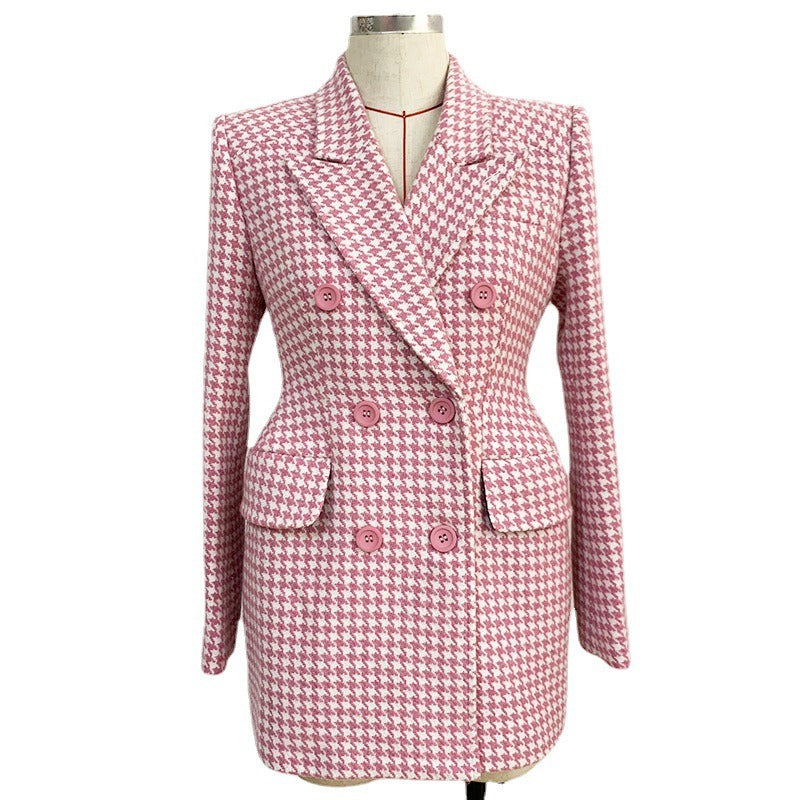 Plaid Spliced Pockets Cotton Turn-Down Collar Slim Double Breasted Fashion Womens Tweed Outerwear