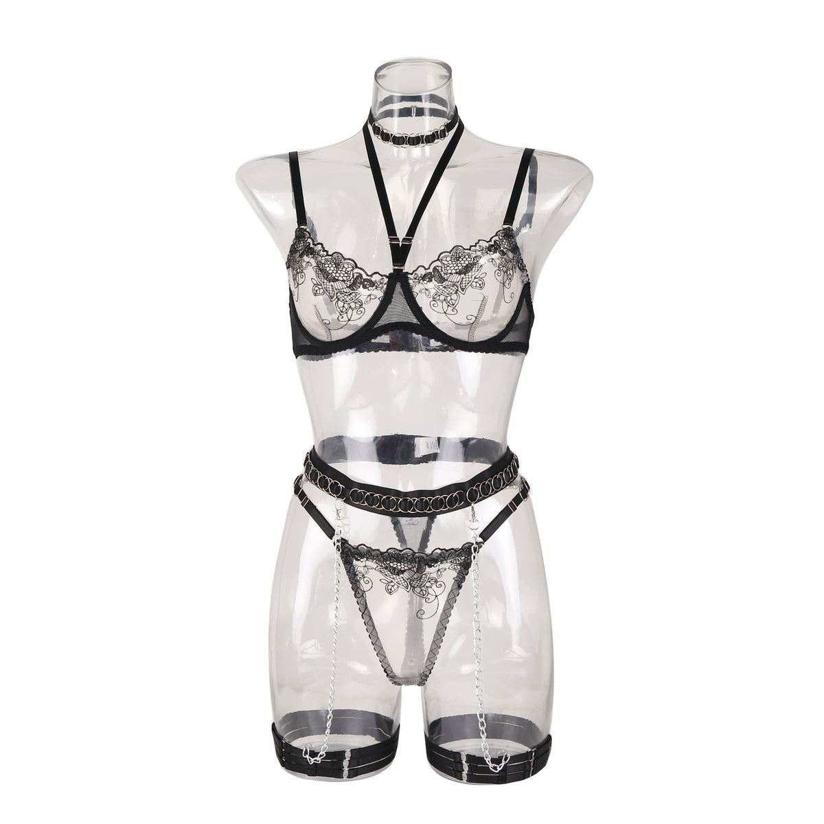 Lace hollow splicing perspective metal chain hanging neck sexy lingerie
