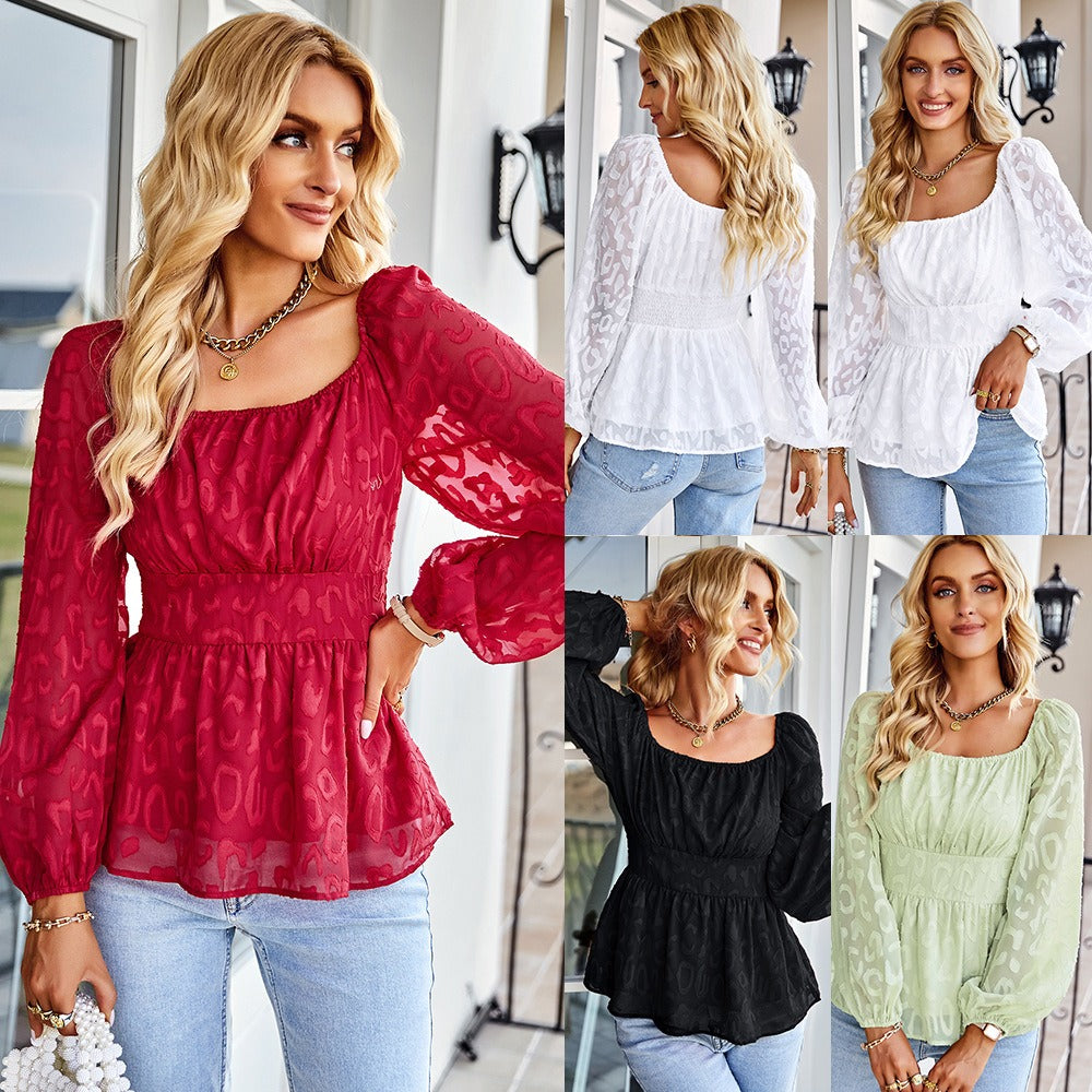 French Square Neck Fashion Womens Four Seasons Long Top, Long Sleeved Chiffon Shirt, Slim Fitting and Slimming Top