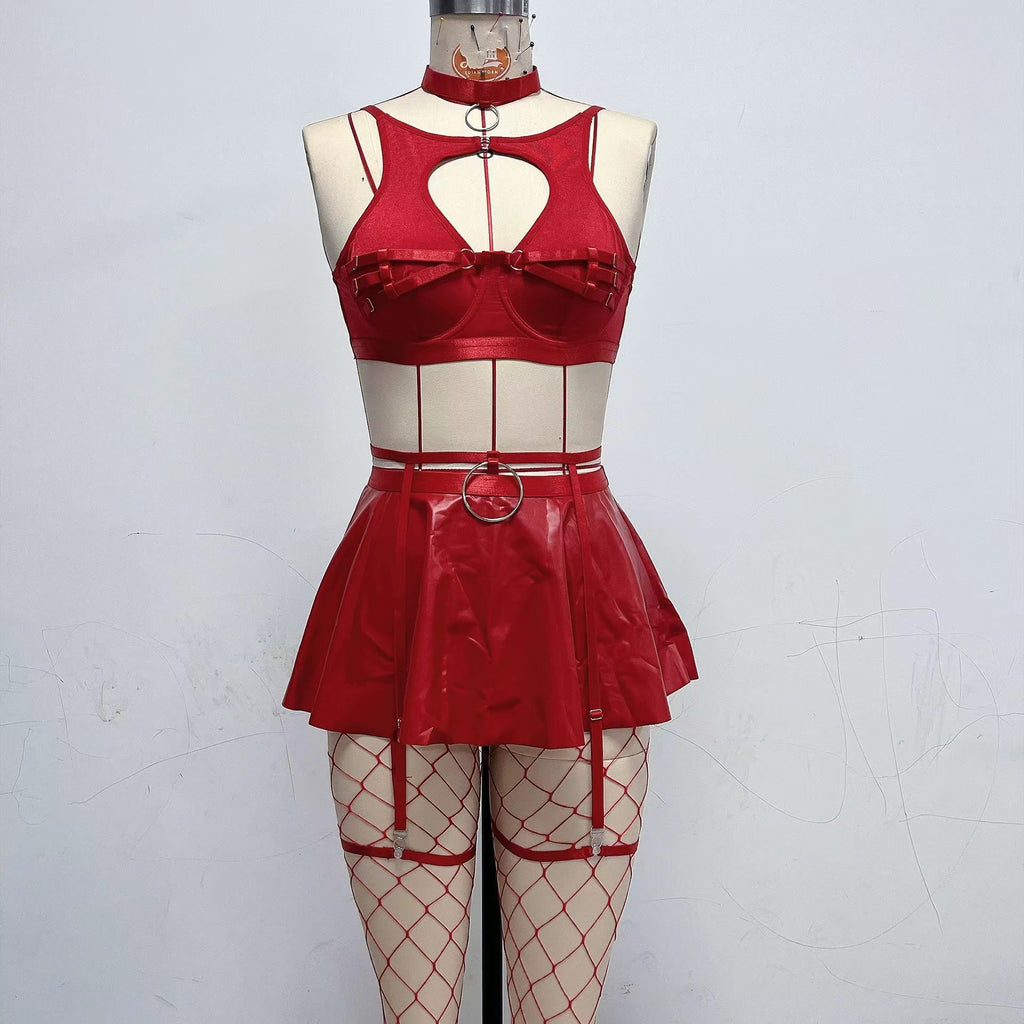 Lace Erotic Lingerie Set Sexy Bra Set Solid Color Leather