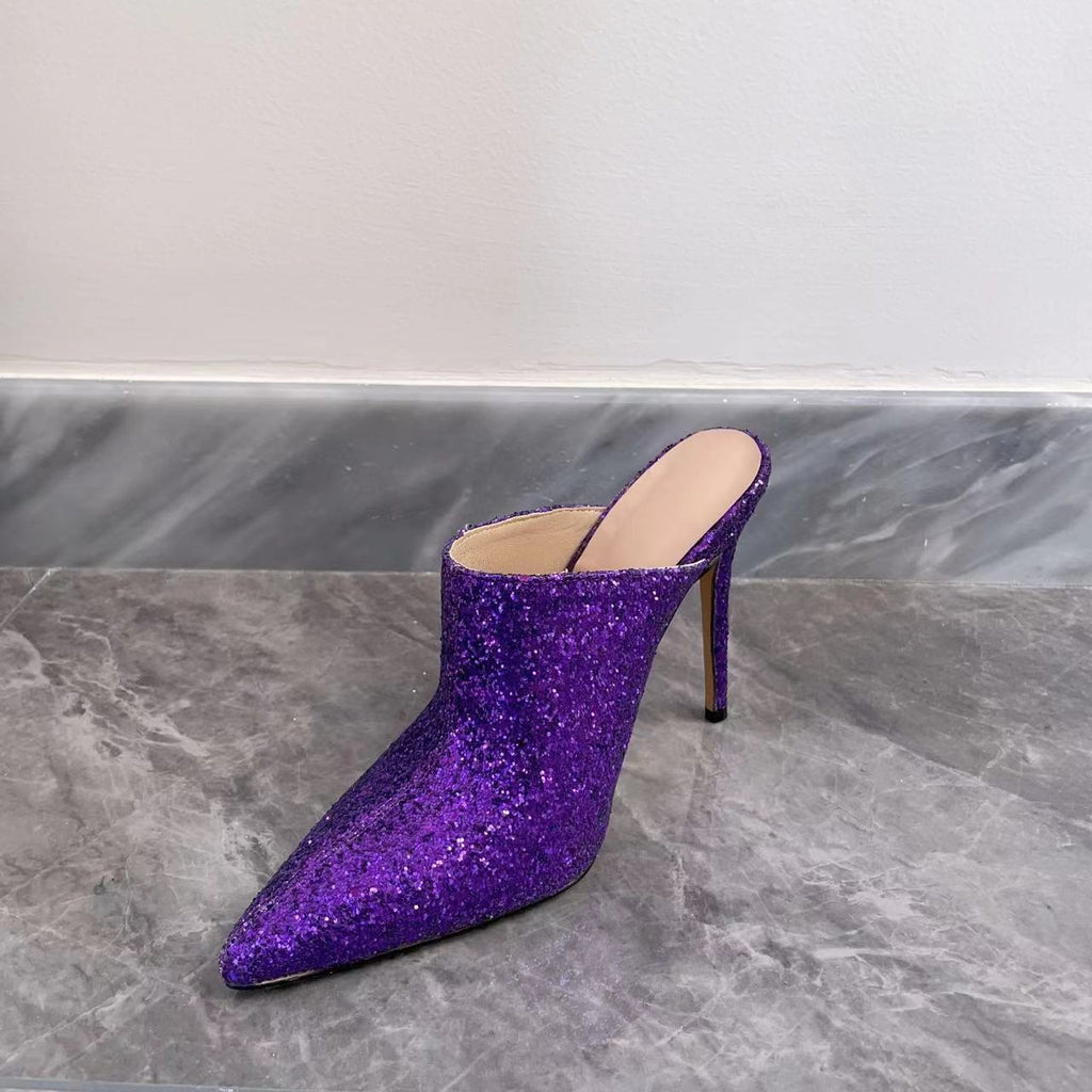 Womens Rainbow Colors Sequins Rhinestones Bling Mules Stilettos High Heel Denim Jeans Slippers