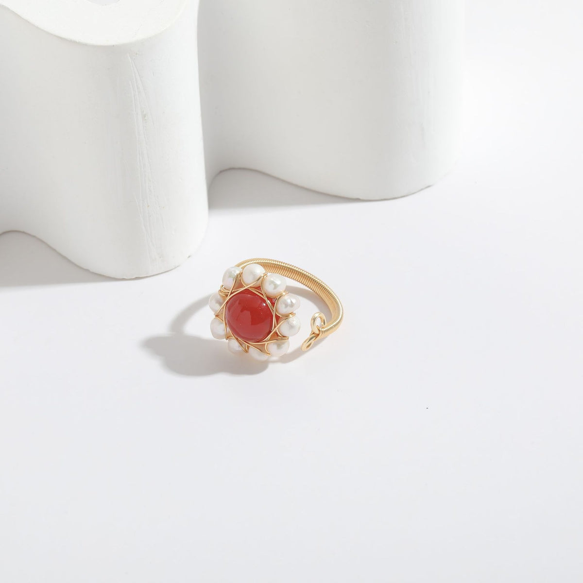 Natural Stone Freshwater Pearl Ring 14K Gold Wrapped Ins Style Simple Womens Red Marble Agate Ring Handpiece