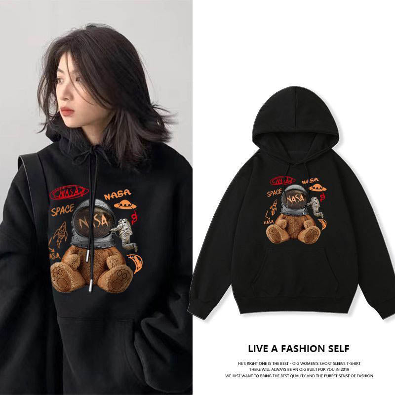 Nasa Trendy Astronaut Bears Hooded Black Sweater Womens Autumn Thin Fried Street Korean Loose Long Sleeve Top