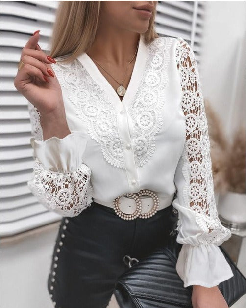 Fashionable White Lace Long Sleeved V Neck Lace Cut Out Shirt Shirt New Solid Lace V Neck Cardigan Womens Shirt