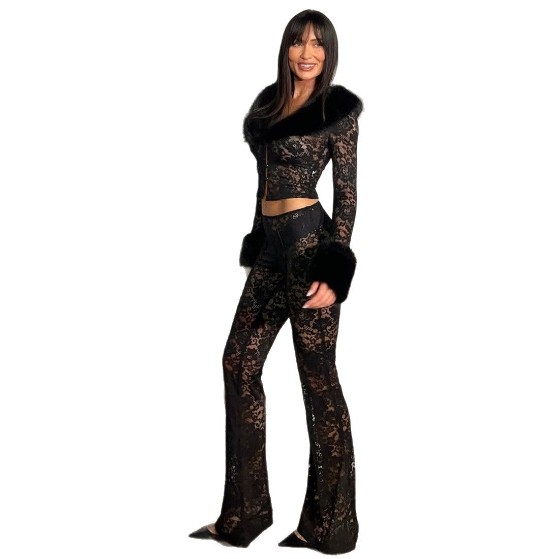 Autumn and Winter New Womens Fashion Printed Hairy Collar Lace Splicing Sexy Perspective Pants Two Piece Set