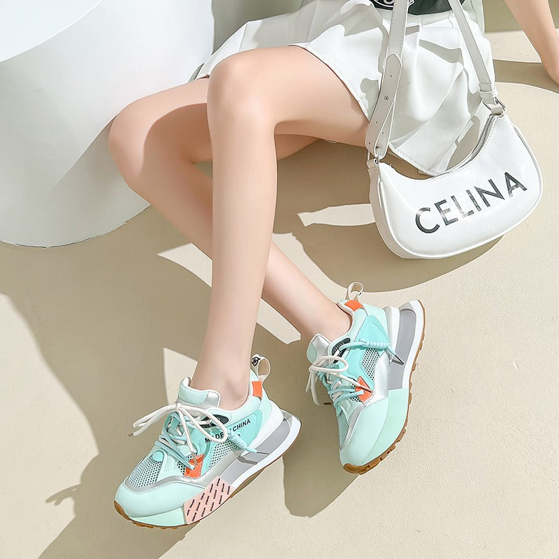 Womens Genuine Leather Sneakers Lace Up Rainbow Colors Platform Pearls Chain Decor Girls Shoes