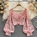 Vintage Fragmented Flowers Small Fresh Short Open Navel Shirt Womens Lace up Bow Tie Super Immortal Style Bubble Sleeve Top
