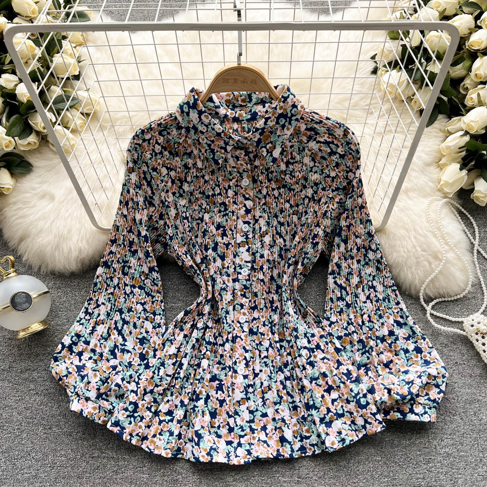 Spring Office Lady Chic Vintage Print Tie-Dye Shirts Womens Single-Breasted Pleated Chiffon Blouses Tops 10 Colors Clothing