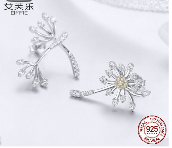 Avele New S925 Sterling Silver Earrings White Dandelion Love Platinum Plated Womens Stud Earrings SCE506