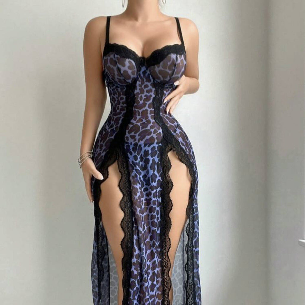 Sexy Transparent Leopard Print Nightgown and Lingerie Set