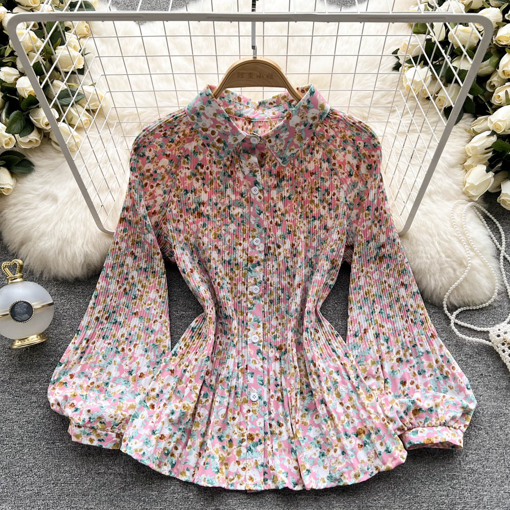 Spring Office Lady Chic Vintage Print Tie-Dye Shirts Womens Single-Breasted Pleated Chiffon Blouses Tops 10 Colors Clothing