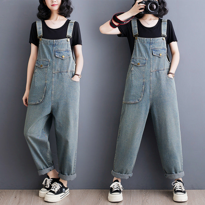 Spring Summer Vintage Jeans Jumpsuits Women Loose Wide Leg Rompers Womens Retro Long Denim Jumpsuit Ladies Front Pockets