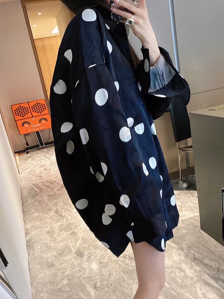 Print Dot Two Piece Set Womens Lapel Long Sleeve Shirt High Waist Loose Shorts Colorblock Sets Female Clothing