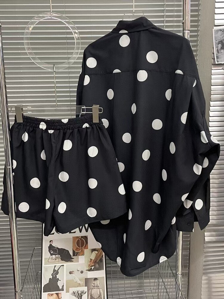 Print Dot Two Piece Set Womens Lapel Long Sleeve Shirt High Waist Loose Shorts Colorblock Sets Female Clothing