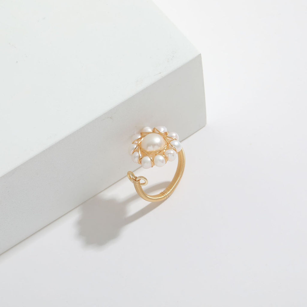 Natural Stone Freshwater Pearl Ring 14K Gold Wrapped Ins Style Simple Womens Red Marble Agate Ring Handpiece