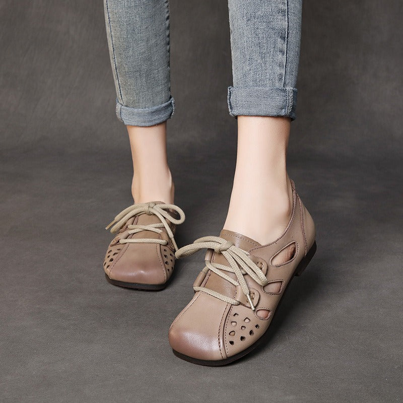 Genuine Leather Sandals, Soft Soles, Mothers Toe Layer, Cowhide Wrap, Hollowed Out Womens Shoes, Lace Up Flat Shoes