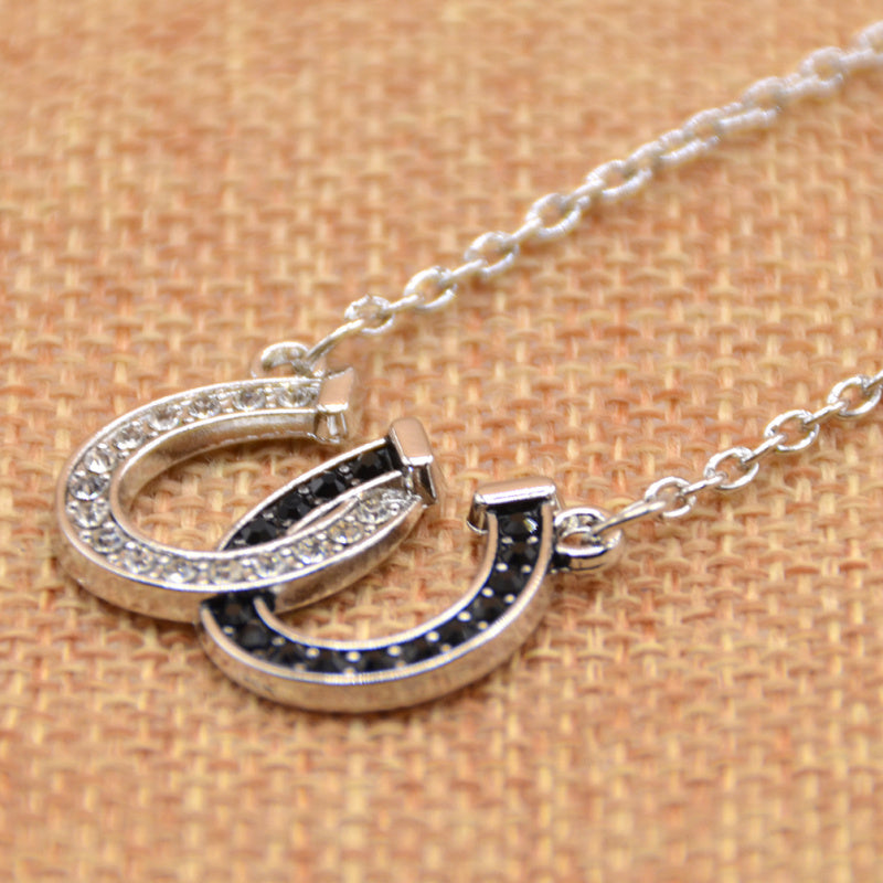 lychee Horse Hoof Necklace Lucky Rhinestone Double Black White Color Horseshoe Pendant Necklace Jewellery
