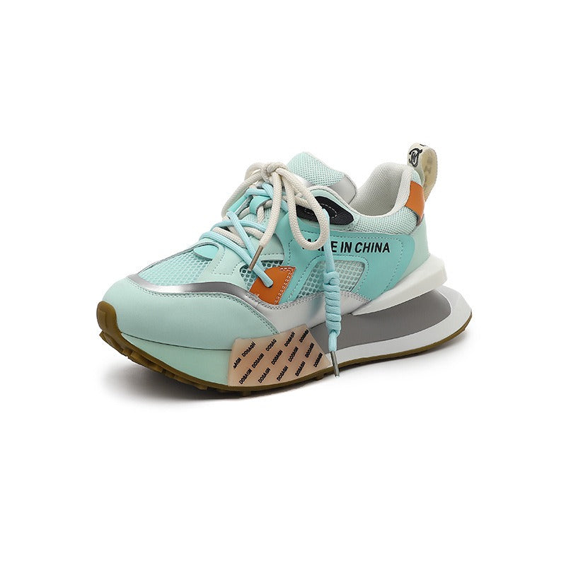 Womens Genuine Leather Sneakers Lace Up Rainbow Colors Platform Pearls Chain Decor Girls Shoes