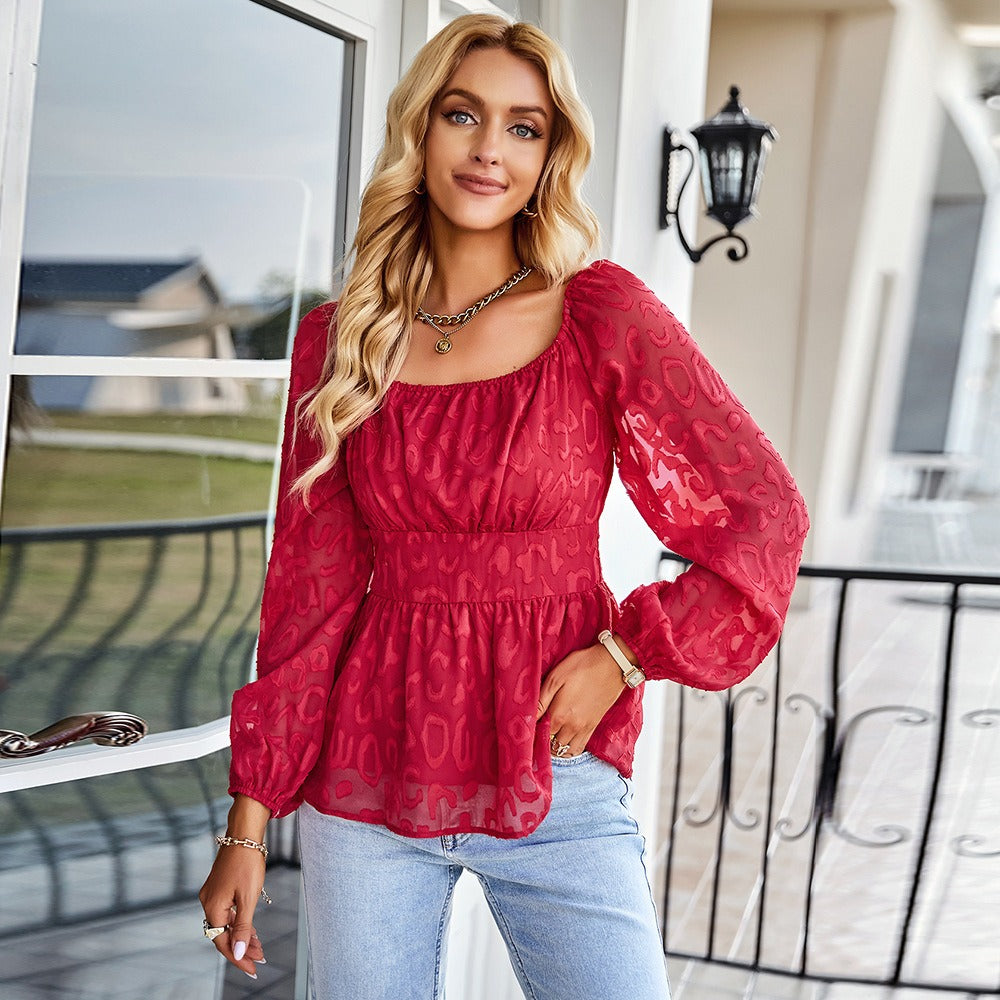 French Square Neck Fashion Womens Four Seasons Long Top, Long Sleeved Chiffon Shirt, Slim Fitting and Slimming Top