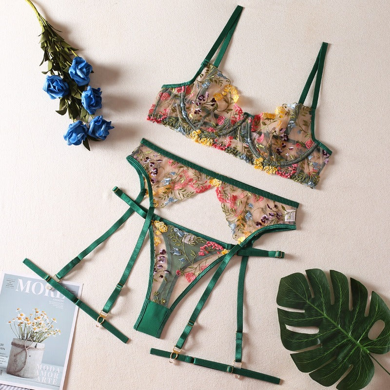 Sexy See-Through Yellow Garden Floral Bra Garter Belt Thong With Leg Ring Three Sets Of Erotic Underwear Set