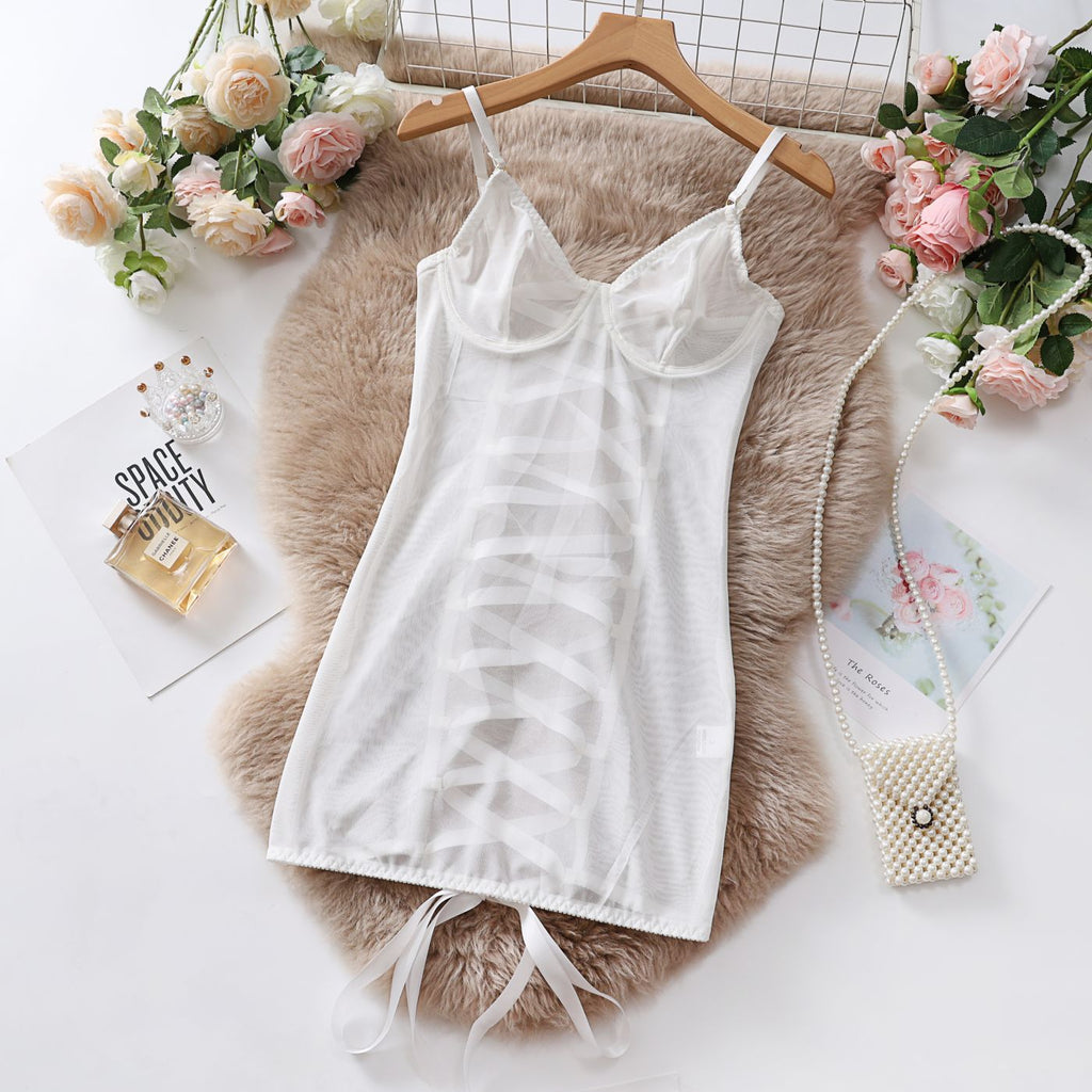 Sexy Mesh Strapless Lingerie Transparent Lace Erotic Bodysuit Nightgown