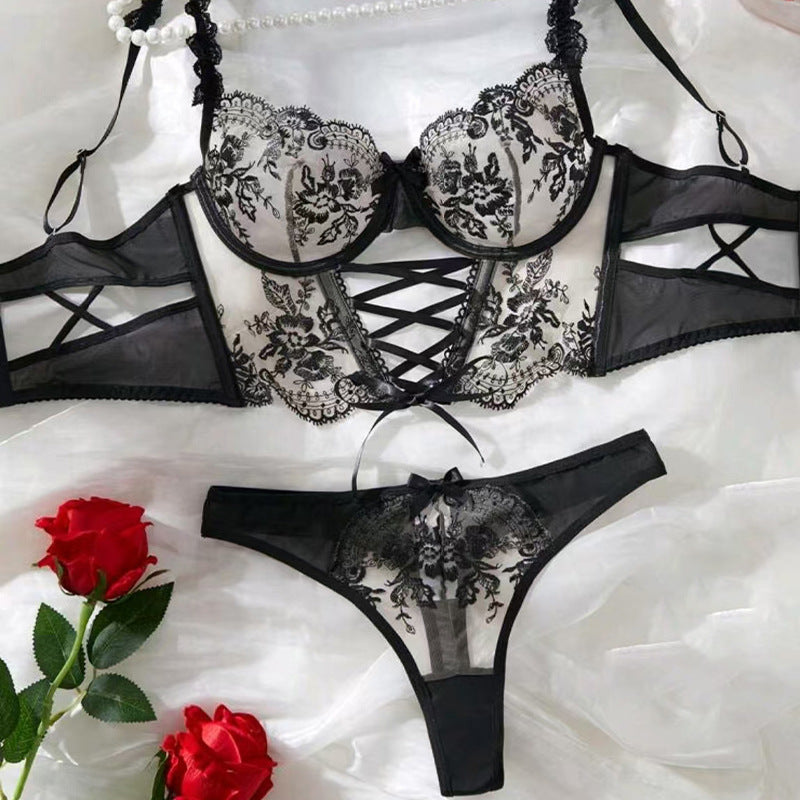 Sexy Mesh Embroidered Floral Cross-Tie Lingerie Set for Women