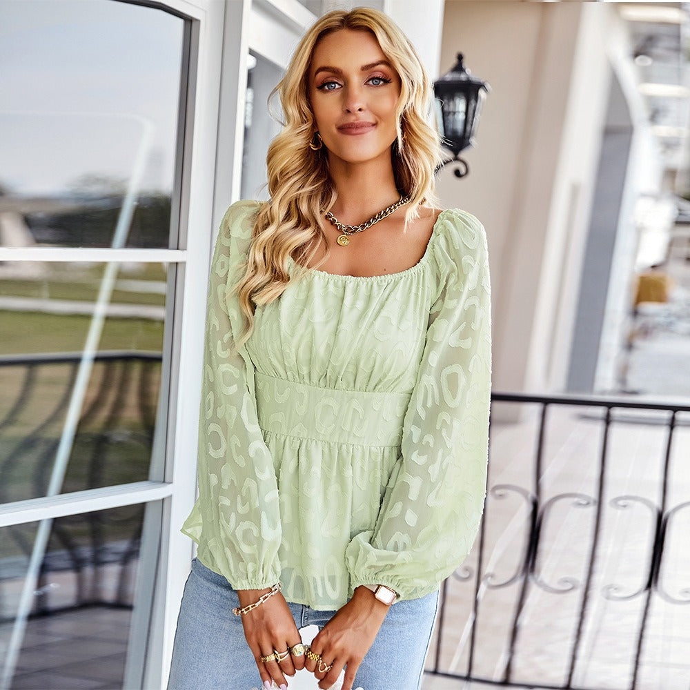 French Square Neck Fashion Womens Four Seasons Long Top, Long Sleeved Chiffon Shirt, Slim Fitting and Slimming Top