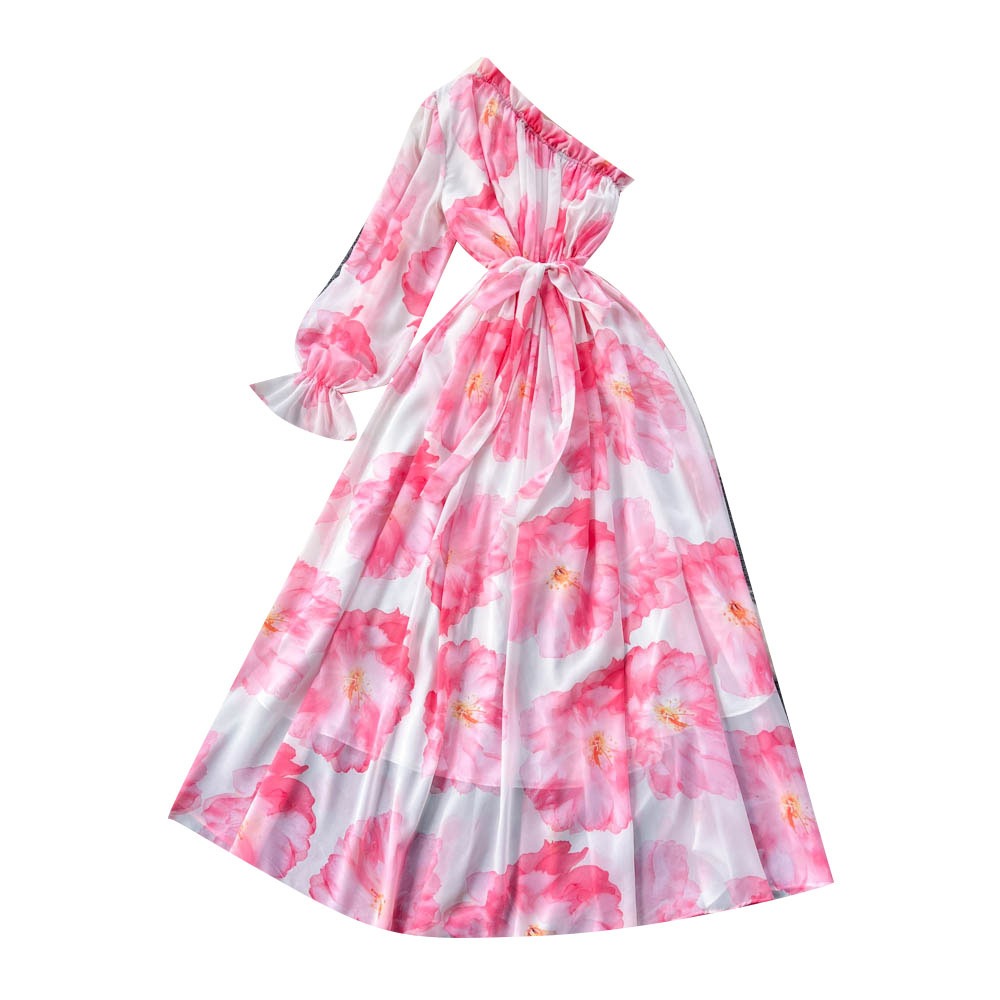 Oblique Shoulder Bubble Sleeves Chiffon Dress Womens Bubble Sleeves Wrapped Waist Large Swing Flower Fairy Long Dress