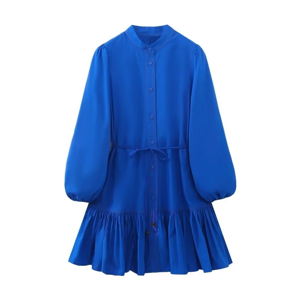 European and American New Fashion Round Neck Layered Decorative Shirt Style Button Dress Womens Dress