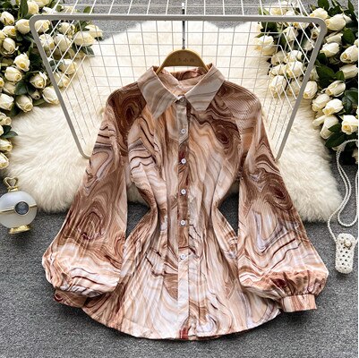 Spring Office Lady Chic Vintage Print Tie-Dye Shirts Womens Single-Breasted Pleated Chiffon Blouses Tops 10 Colors Clothing