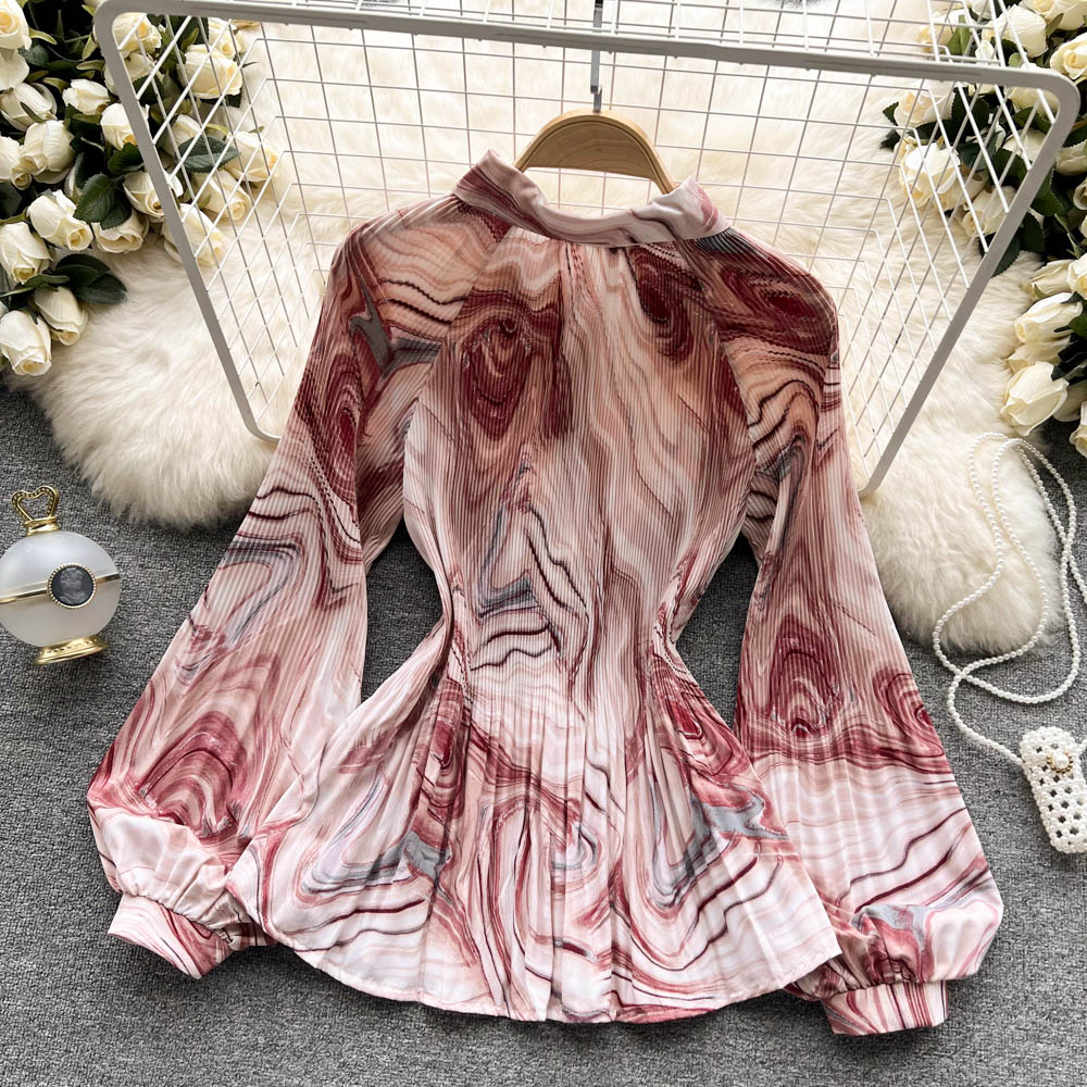 Spring Office Lady Chic Vintage Print Tie-Dye Shirts Womens Single-Breasted Pleated Chiffon Blouses Tops 10 Colors Clothing