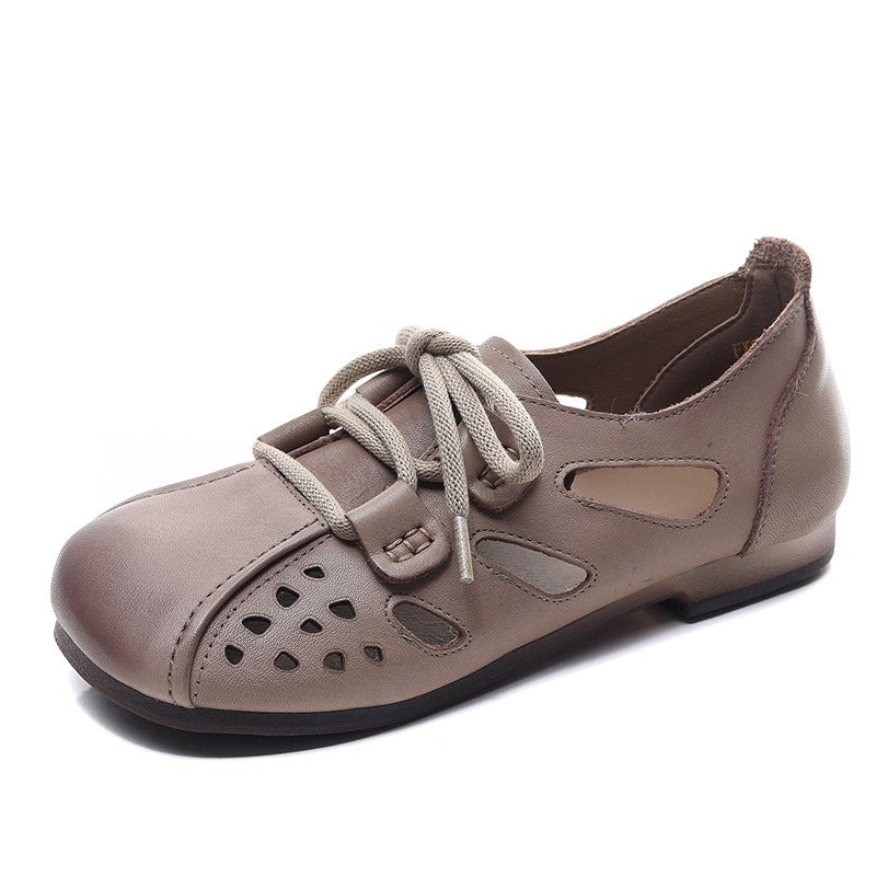 Genuine Leather Sandals, Soft Soles, Mothers Toe Layer, Cowhide Wrap, Hollowed Out Womens Shoes, Lace Up Flat Shoes
