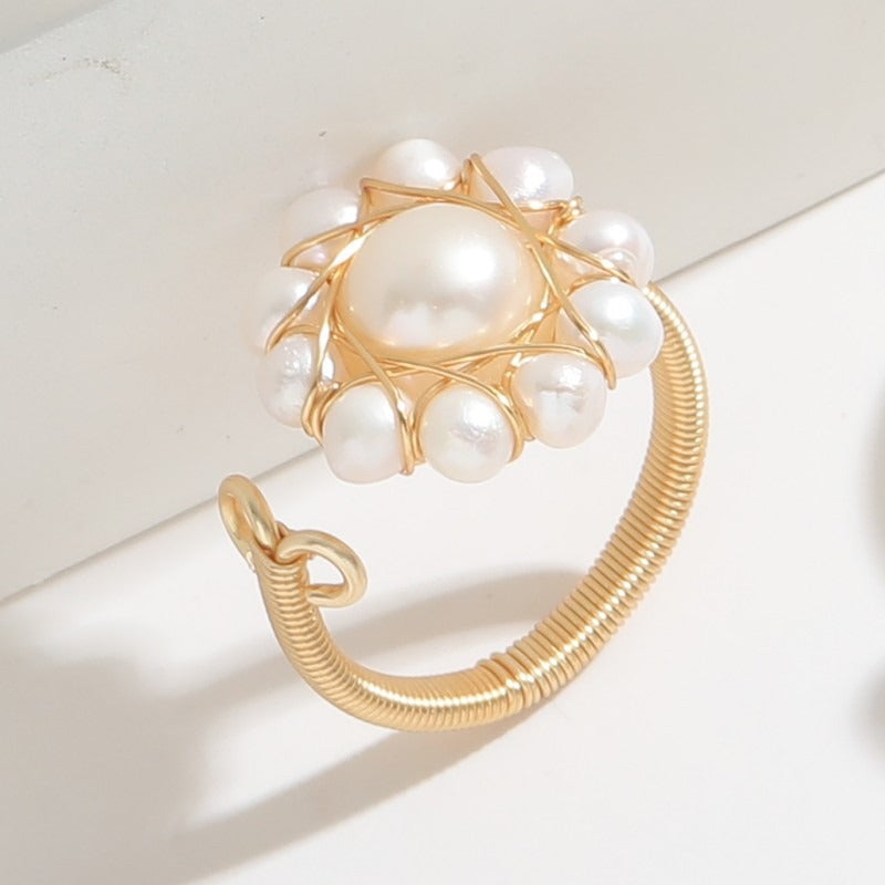 Natural Stone Freshwater Pearl Ring 14K Gold Wrapped Ins Style Simple Womens Red Marble Agate Ring Handpiece