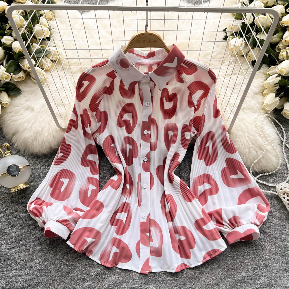 Spring Office Lady Chic Vintage Print Tie-Dye Shirts Womens Single-Breasted Pleated Chiffon Blouses Tops 10 Colors Clothing