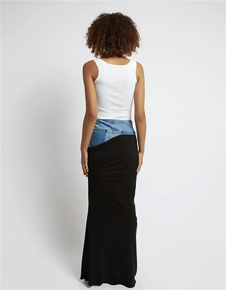 Modern Deconstructed High Waist Half Skirt Womens New Black Pleated Panel Design Long denim Half Skirt