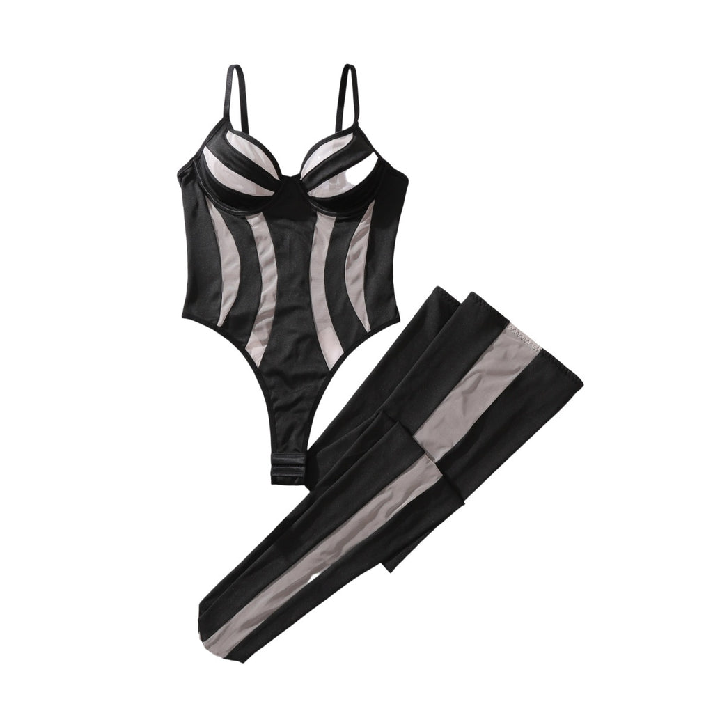 Mesh see through jumpsuit sexy lingerie split set with stockings