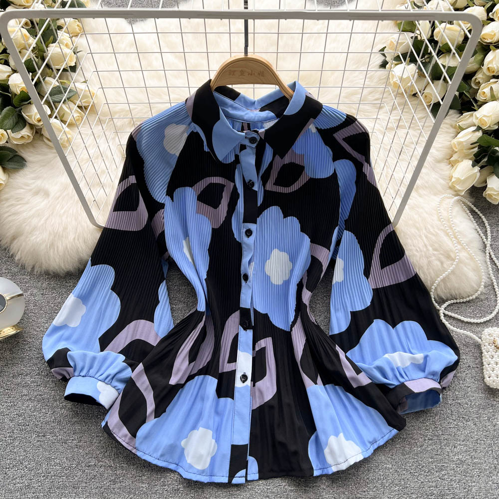 Spring Office Lady Chic Vintage Print Tie-Dye Shirts Womens Single-Breasted Pleated Chiffon Blouses Tops 10 Colors Clothing